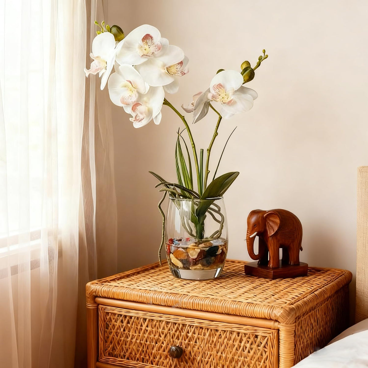 Jusdreen White Orchid Centerpiece in Glass Vase, 14.5 Inch Artificial Phalaenopsis with Potting for Home Office Decor, Table Centerpiece