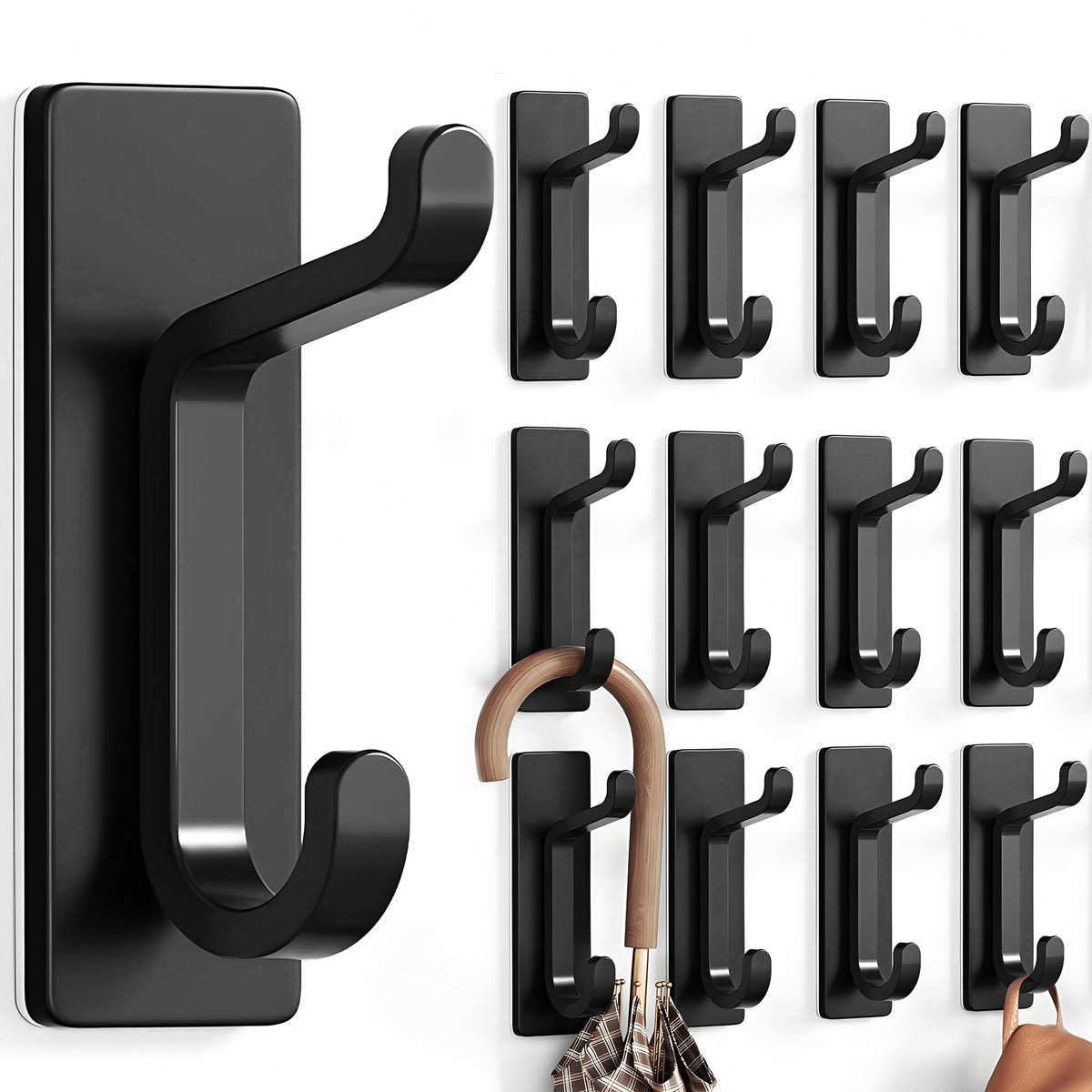 pickpiff 12 Pack Wall Hooks for Coat and Towel: 13LB Adhesive Door Hanger Stick on, Black