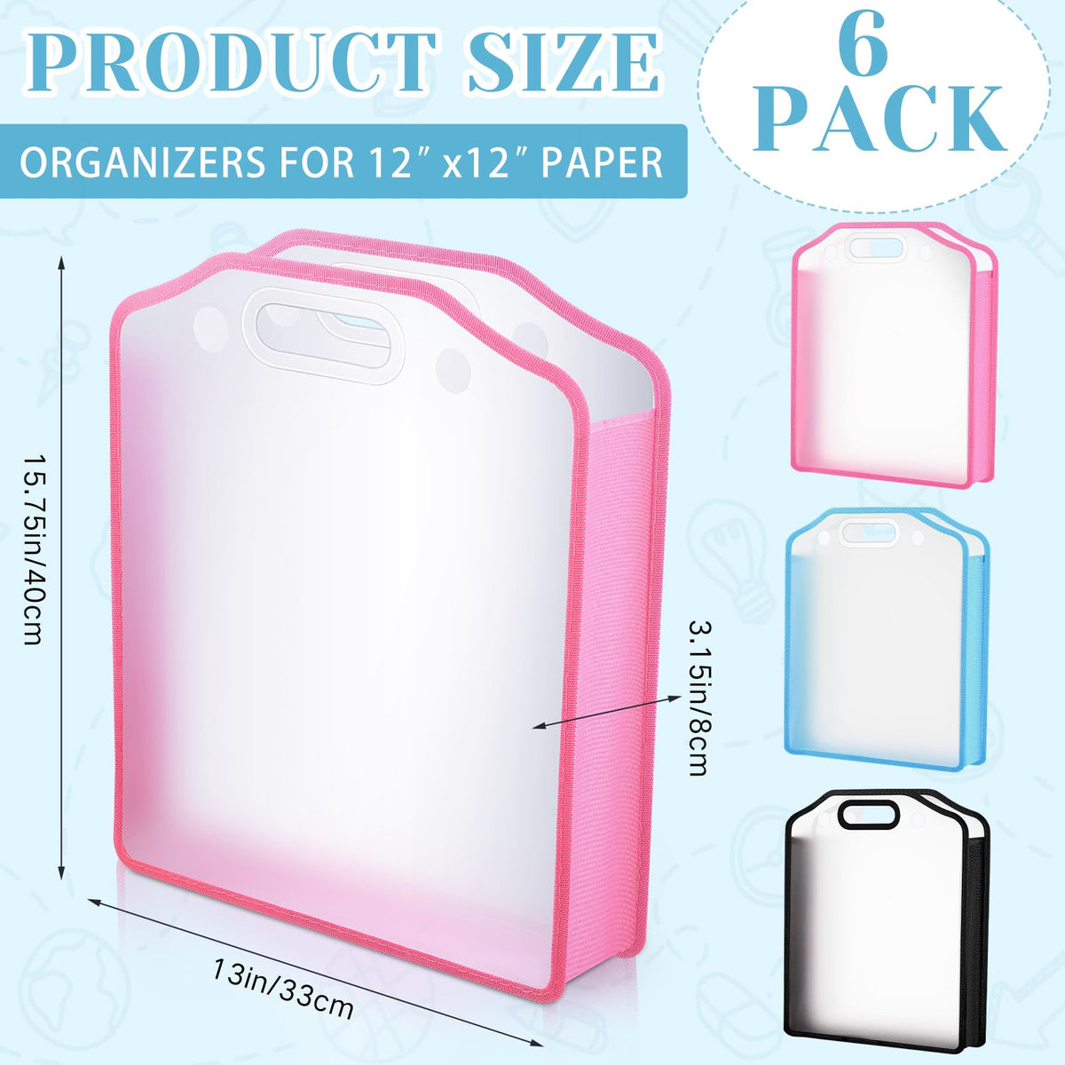 PerKoop 6 Pcs Scrapbook Paper Storage Organizer 12'' x 12'' Sheets Portable Expandable Paper File Storage with Handle and Button Closure for Holding Scrapbook File Cardstock(Blue, Black, Pink)