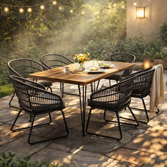 Christopher Knight Home Terry Acacia Wood Patio Dining Set for 6, Rectangular Patio Dining Table and Faux Rattan Chairs Set of 6, 7 Piece Outdoor Dining Set with Cushion and Iron Frame, Teak+Gray