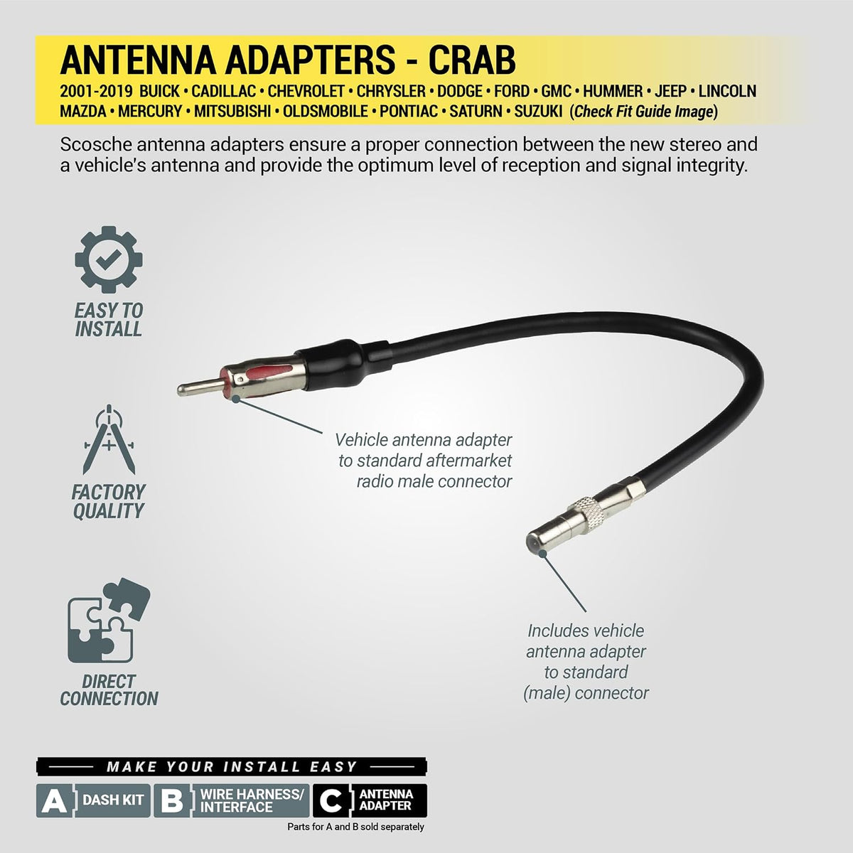 Scosche 2001-19 CRAB Antenna Adapter for Aftermarket Car Stereo Compatible with Select Import and Domestic Vehicles