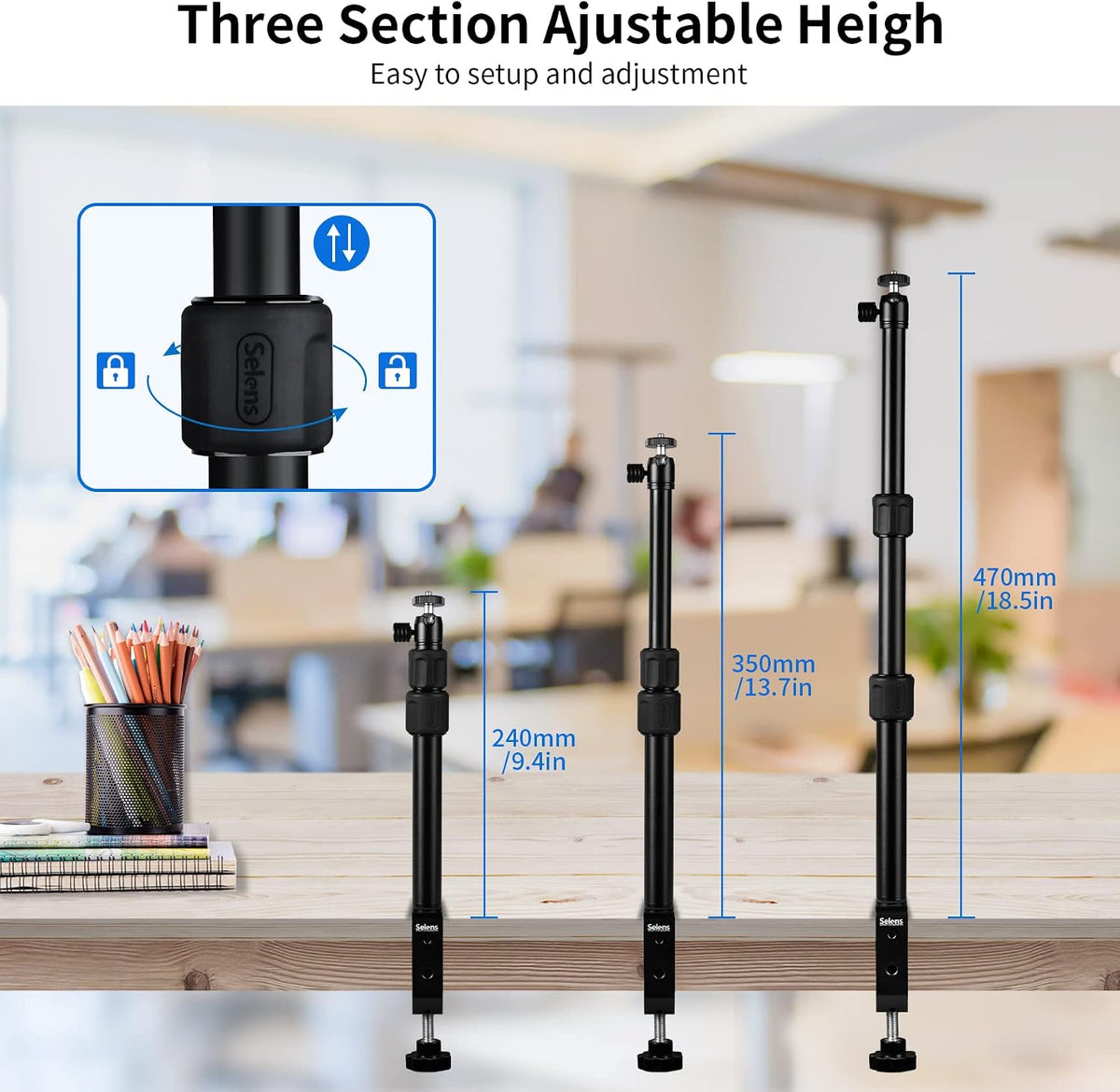 Selens 9.4"-18.5" 1/4" Tabletop Camera Desk Mount Stand, with Ball Head, Adjustable Desktop Stand Mount for DSLR