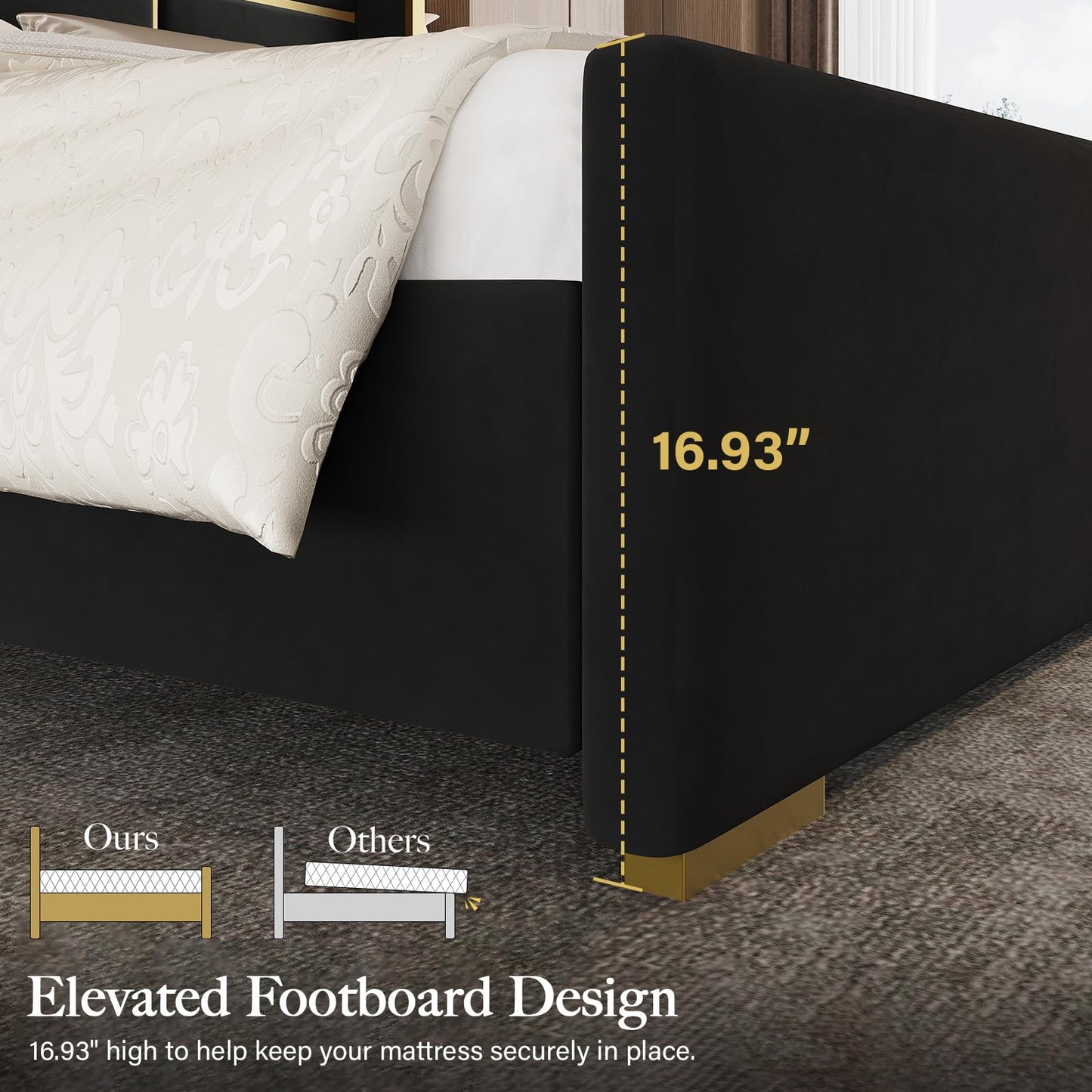Uteeran King Size Bed Frame with 55.12" Tall Headboard, Modern Luxury Velvet Upholstered Platform Bed with Gold Trim, Wide Wingback Design, Noise-Free, Easy Assembly, No Box Spring Needed, Black