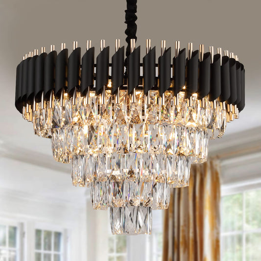 AXILIXI Crystal Chandelier Contemporary, 24" Modern Living Room Chandeliers, K9 Crystal Ceiling Lights Fixtures, Round 5 Tiers Pendant Lighting Chandelier Black for Entryway Dining Room Staircase