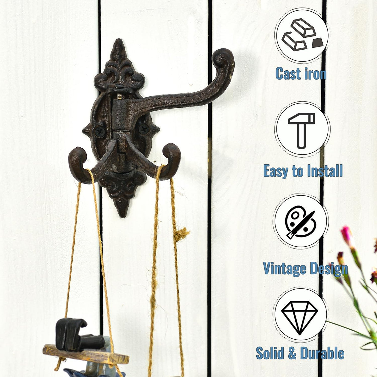 Sungmor 2-Pack Cast Iron 3-in-1 Flexible & Functional Swivel Wall Hook - Vintage Coat Hook Garden Planter Hanger - Heavy Duty Solid Metal Swing Hook - Clothes Hats Towels Bags Pots Tools Hanger