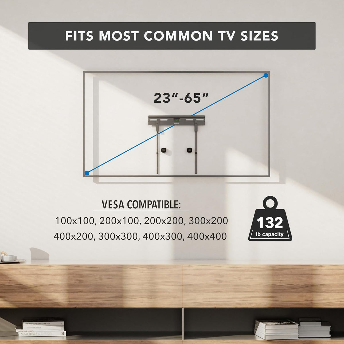 Mount-It! 2365 Inch 1.1 77 lbs/132 lbs, 100x100400x400 No Stud TV Wall Mount, Studless Drywall TV Bracket for Flat