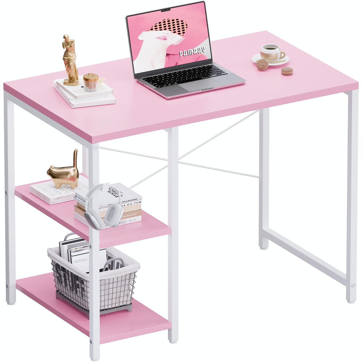 Pamray 32 Inch Small Computer Desk with Shelves, Home Office Desk with Headphone Hook for Bedroom, Study Writing PC Table for Small Spaces, Pink