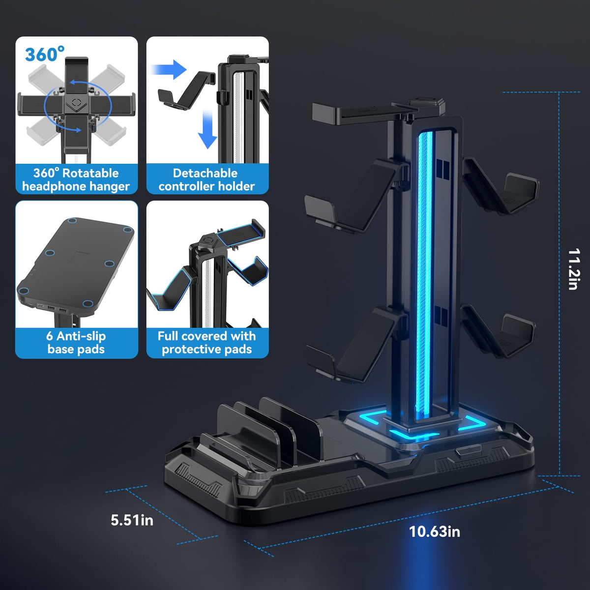 KDD Headset Stand with Charging Station - Detachable Controller Holder with 9 Light Modes - Rotatable Headphone Hanger with USB A&C Charger Ports - Earphone Hook for PC Gaming Accessories Storage