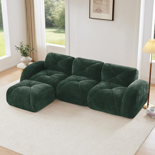 Green L-Shaped Sectional Couches for Living Room, Velvet Fabric Boneless Couch, No Assembly Cloud Modular Sectional Sofa with 1 Ottoman, Foam Couch Compressed Sofa Set for Apartment, Sofas para Sala