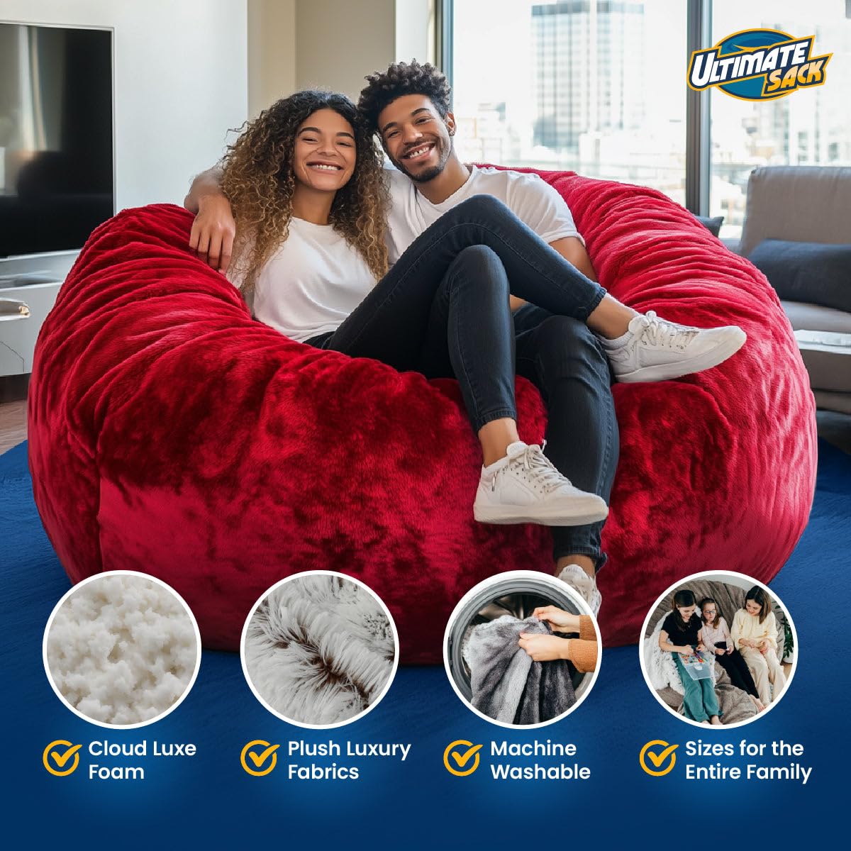 Ultimate Sack 5000 5-Foot Bean Bag Chair, Navy Fur Cover – Oversized Foam Lounger, Floor Seat, Small Sofa, or Couch Bed for Living Area, Gaming Room, or Reading Lounge