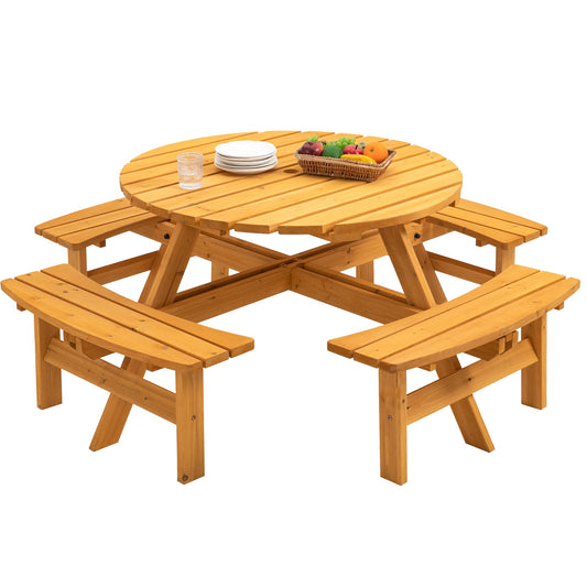 VroomAuto 8 Person Picnic Table Set with Benches, Solid Fir Wood Outdoor Dining Set, 43.3 Inch Round Table and 4 Foldable Benches for Patio Garden Camping, Natural Finish