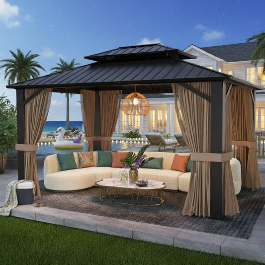 SOLUMIA 10x12ft Hardtop Gazebo, Metal Pavilion with Mesh Mosquito Netting & Curtains, All-Weather Outdoor Pergola for Garden, Patio, and Backyard（A Set of 2 Boxes）