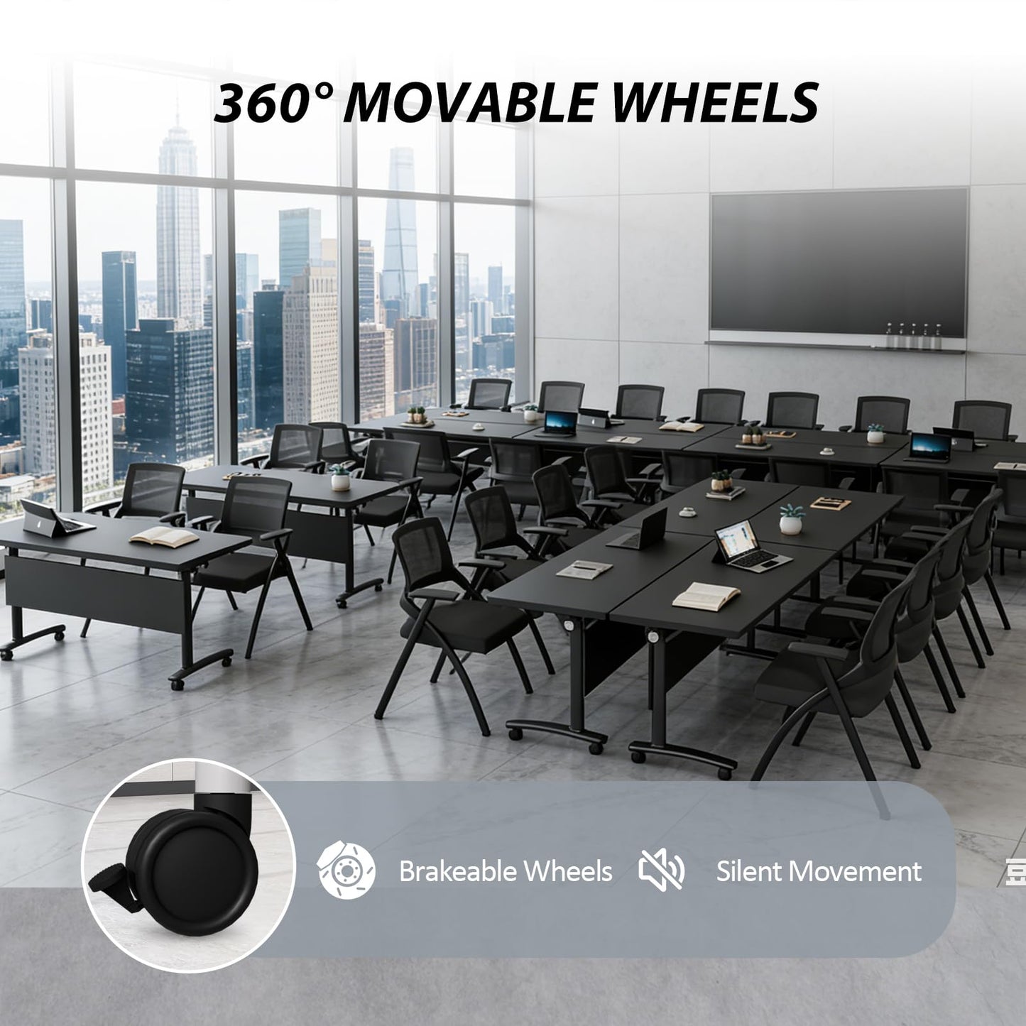 Conference Room Table with Wheels 6ft Folding Modular Large Black Conference Table Foldable Modern Rectangle Training Meeting Tables for Classroom Office(10, Black, D 55")