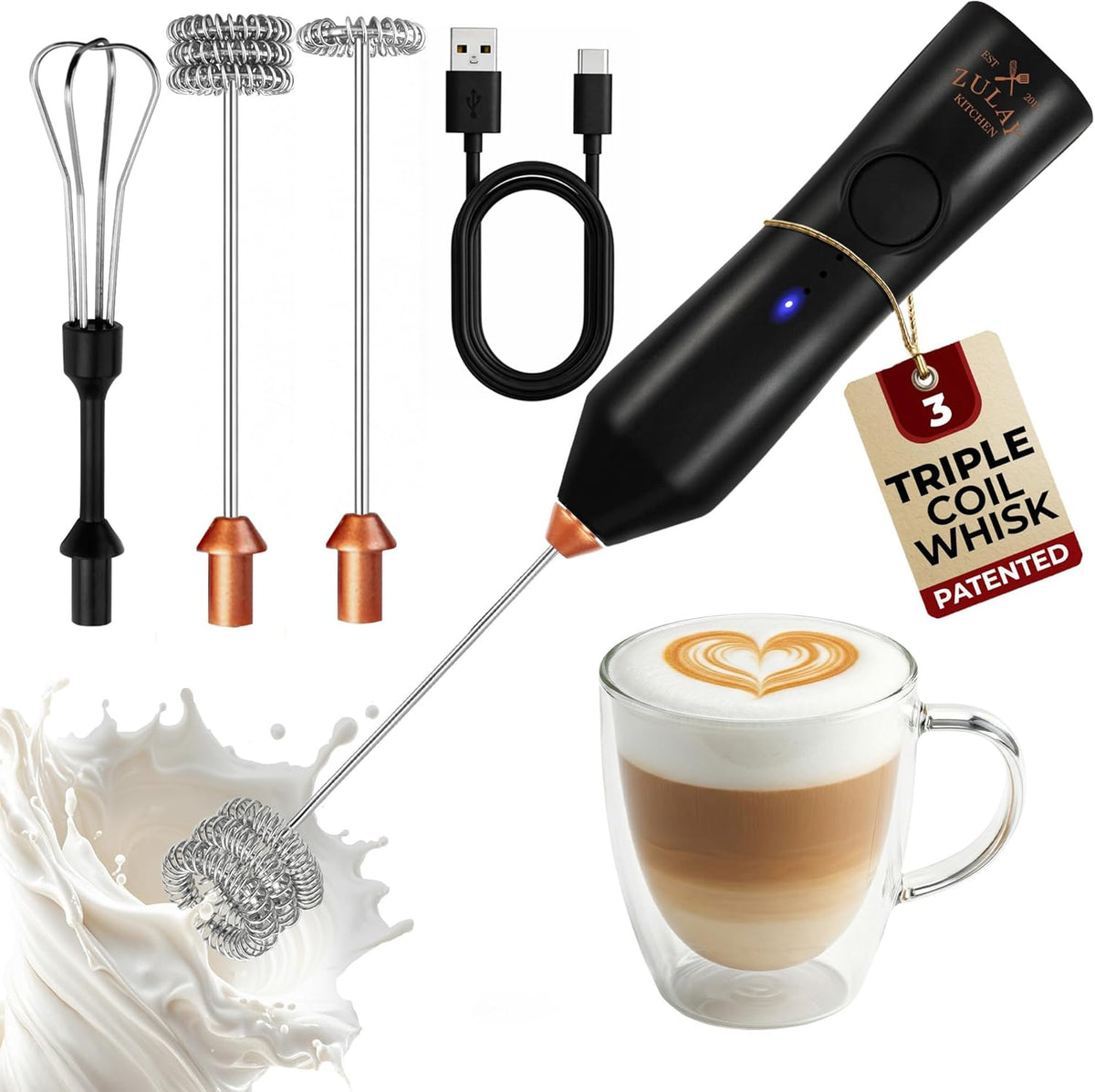 Zulay Kitchen Rechargeable Milk Frother - 3 Speeds & 3 Whisk Attachments - USB Charging for Lattes & Cappuccinos - Black Copper