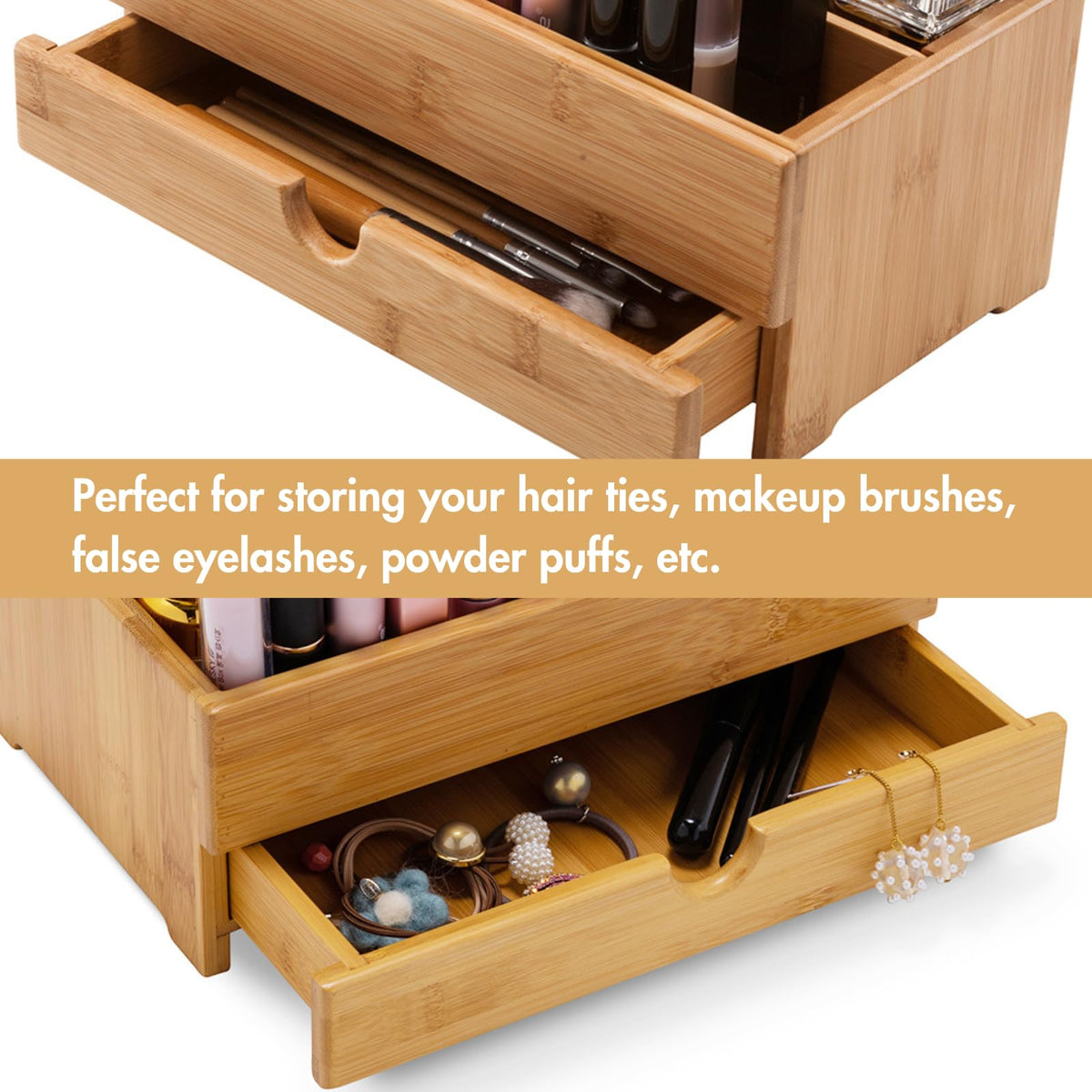GOBAM Makeup Storage Drawer Organizer Bamboo Wood Cosmetic Display Box, Large Capacity Bathroom Beauty Countertop Organizer, Great for Bathroom Dresser