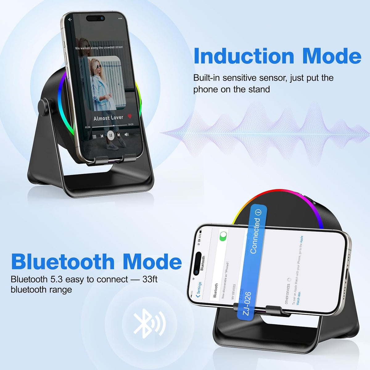 TARKARI 5 1 360 Wireless Induction Speaker, in Bluetooth Speaker, Rotation Cell Phone Stand and Colorful Ambient Light