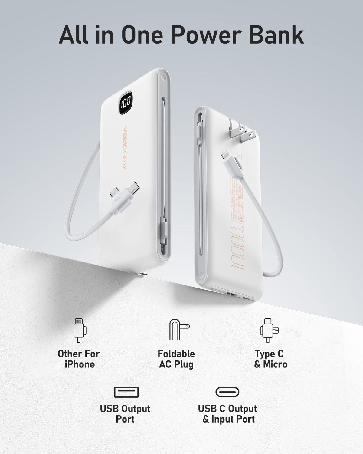 VEEKTOMX Portable Charger with Built in Cables 10000mAh, Power Bank for iPhone with AC Wall Plug, Fast Charging USB C Slim Battery Pack with LED Display Compatible with iPhone 17/16/15/14, Samsung