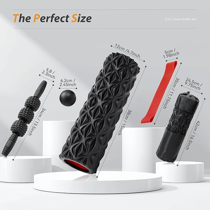 5 in1 Foam Roller Set, Trigger Point Foam Roller, Massage Roller Stick, Massage Ball, Resistance Band for Deep Muscle Massage Pilates Yoga,Fitness Exercise for Whole Body (Pure Black)