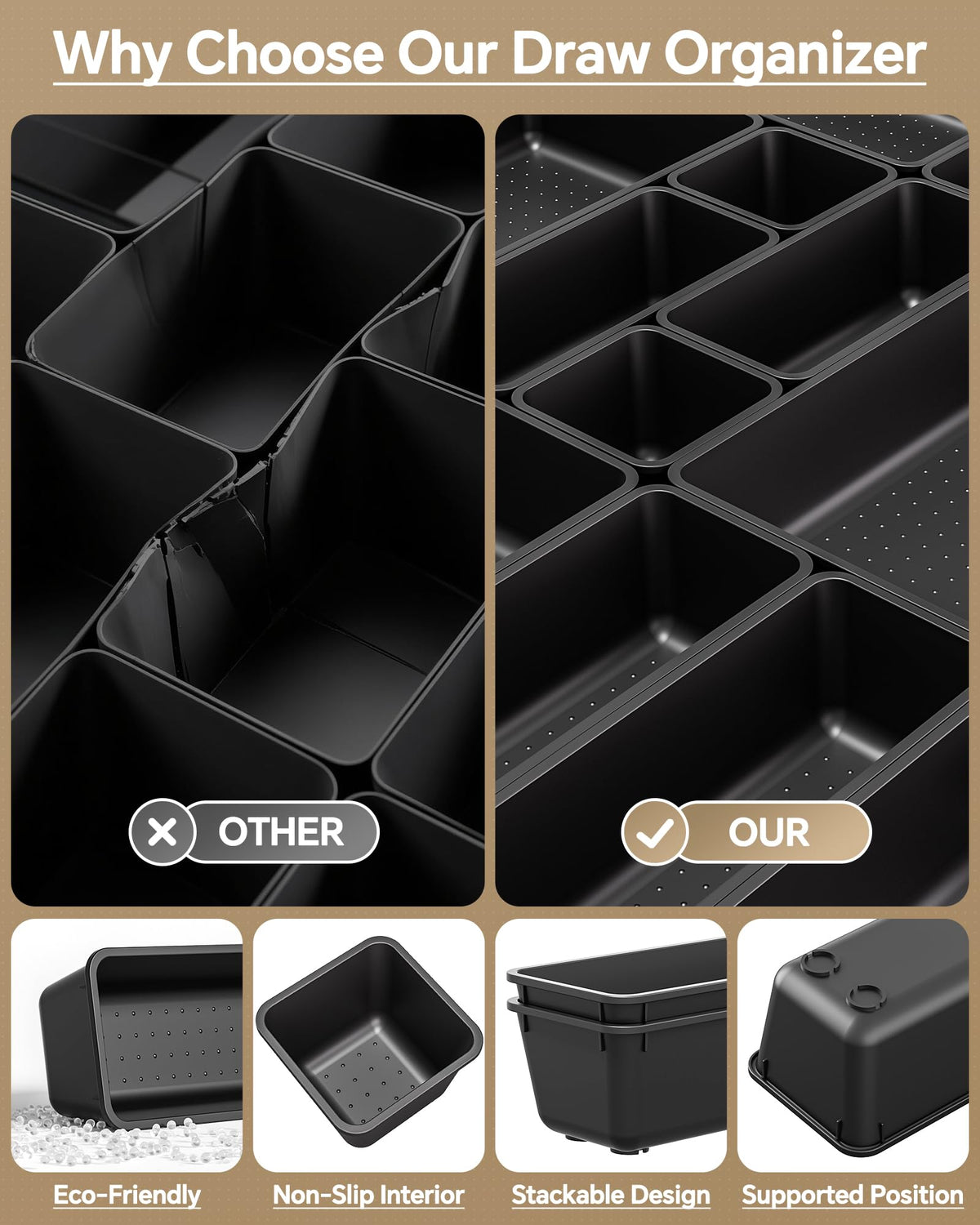 KEMETHY 25 PCS Plastic Drawer Organizers Set, 4 Sizes Vanity Organizer, Makeup and Desk Drawer Organizer Trays, Organization and Storage for Makeup, Bathroom, Kitchen Utensils and Office (Black)