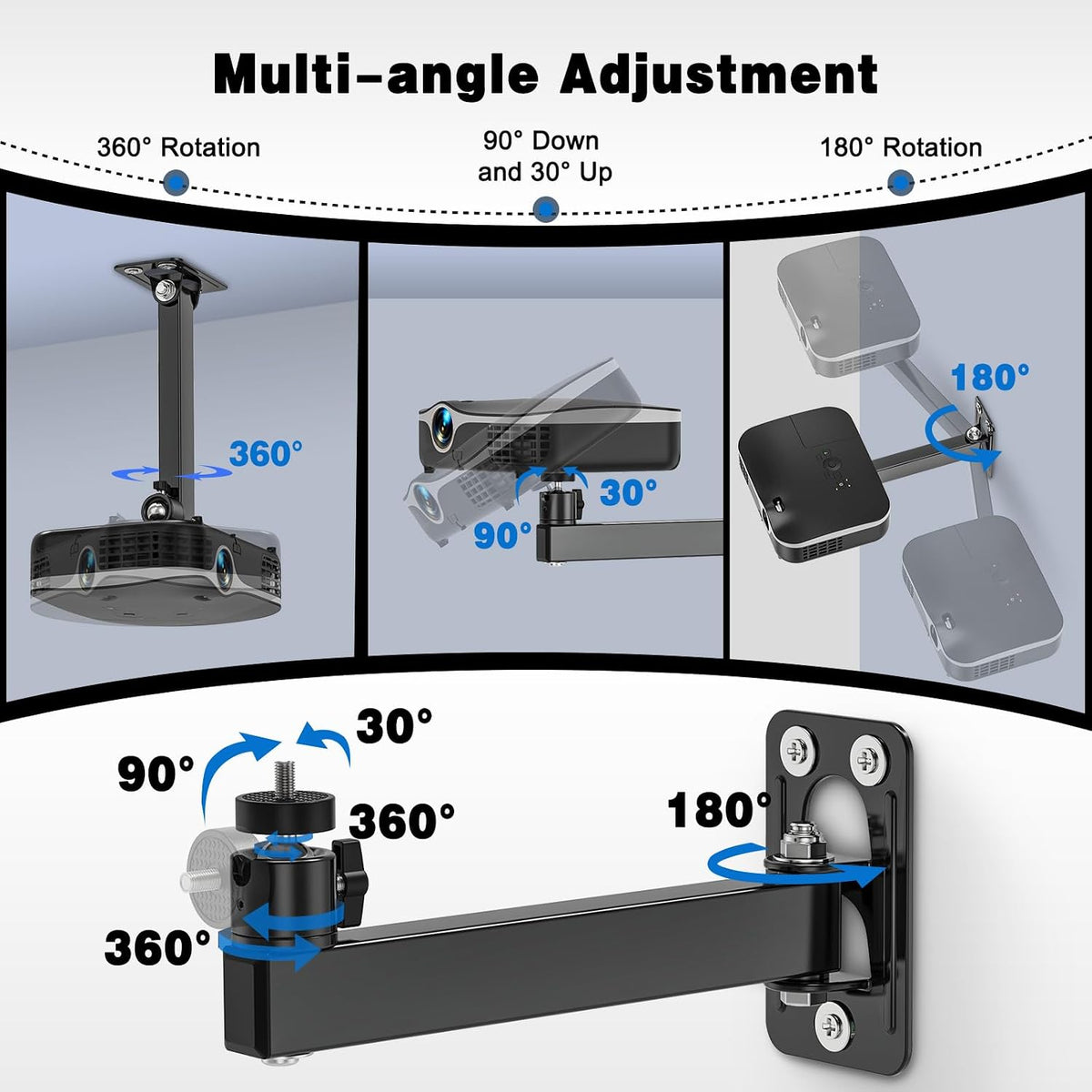 BAISHUN 1/4-Inch 360-degree Setup Projector Stand, Wall and Mini Ceiling Mount with Thread, Rotation, Adjustable Tilt