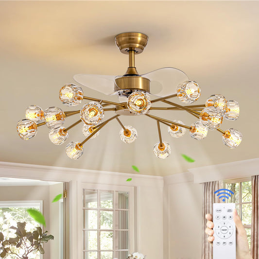 Siljoy 18 Lights Modern Crystal Ceiling Fan Light and Remote Control, Farmhouse Brass Gold Sputnik Crystal Fandelier, Reversible Ceiling Fan Light Kit for Living Dining Room Bedroom 42 Inches