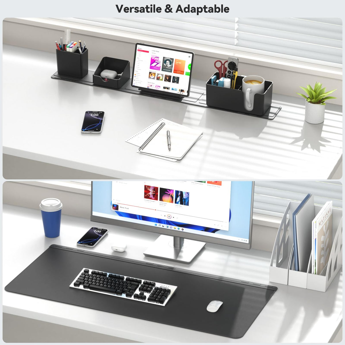 KDD Desk Pad and Magnetic Organizer Set - 5 in 1 Large Mouse Mat with Phone Stand, Cup Holder, Pen Holder, Storage Box & Card Case, Multifunction DIY Desktop Storage Accessories for Office and Home