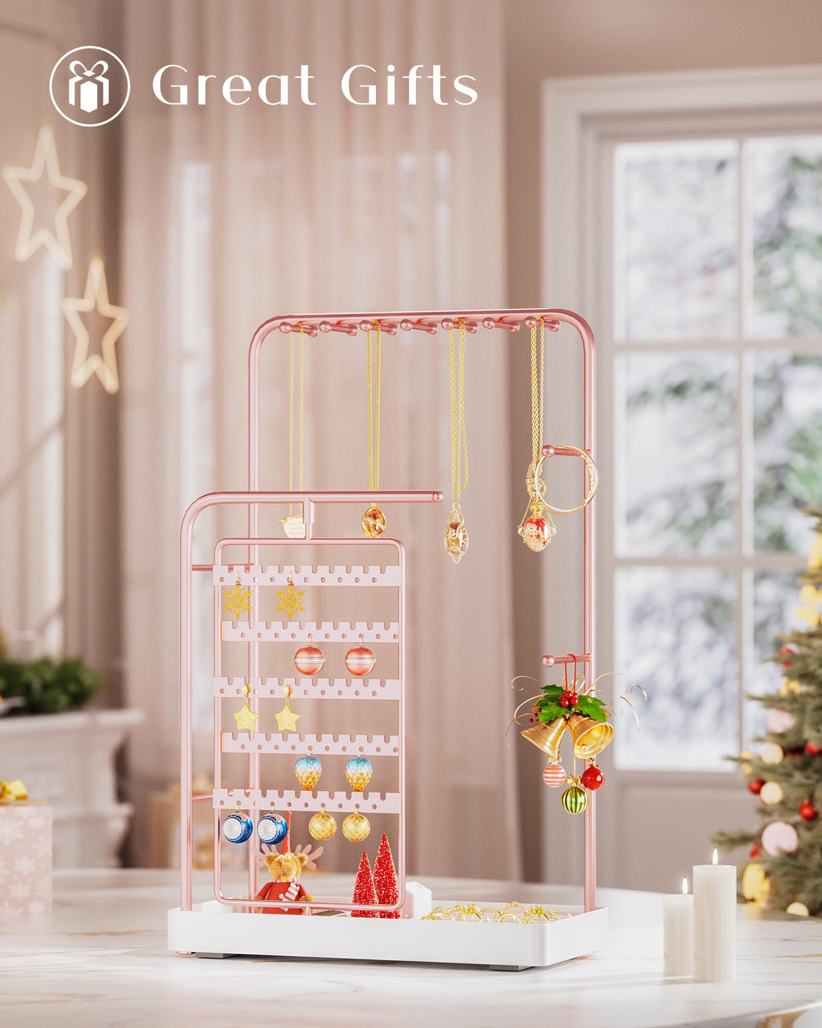 ProCase Jewelry Stand Holder Organizer, Jewelry Display Storage with Ring Tray, Rotating Earring Bracelet Necklace Holder, Valentine's Gifts Room Dorm Decor for Teen Girls -Rosegold (No-Assembly)