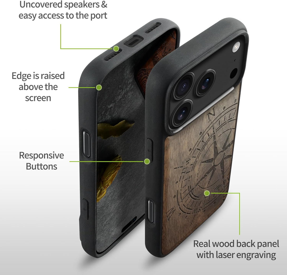 Carveit 17 Magnetic Wooden Case for iPhone Pro Max Case, Wood Artisan Engraved & Black Soft TPU Shockproof Cover