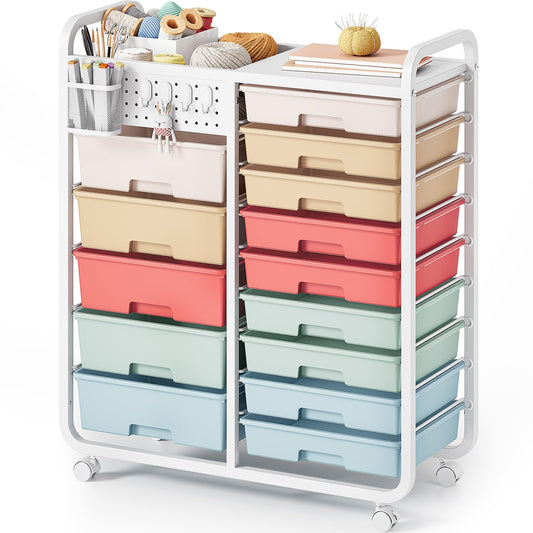 SYKIARIOL 14 Drawer Rolling Cart with Tabletop & DIY Pegboard, Storage Cart with Wheels, Classroom Organizers Utility Cart for Office Home School, Art Supplies, Mobile Craft Organizer, Rainbow