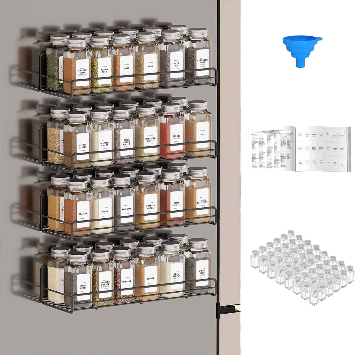 SpaceAid 4 Pack Magnetic Spice Rack with 48 Spice Jars, 400 Spice Labels and Funnel, Space Saving Refrigerator Fridge Oven Shelf Organizer