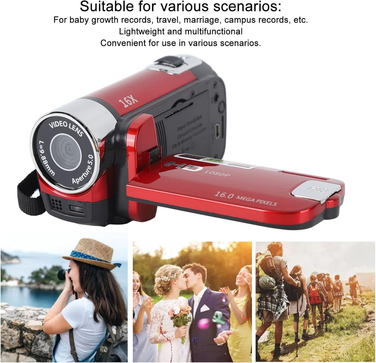 FOSA 1080P 16MP 16x 2.7in HD Camera Camcorder, DV Camera Digital Zoom Video Camera, TFT Rotatable Screen, Built