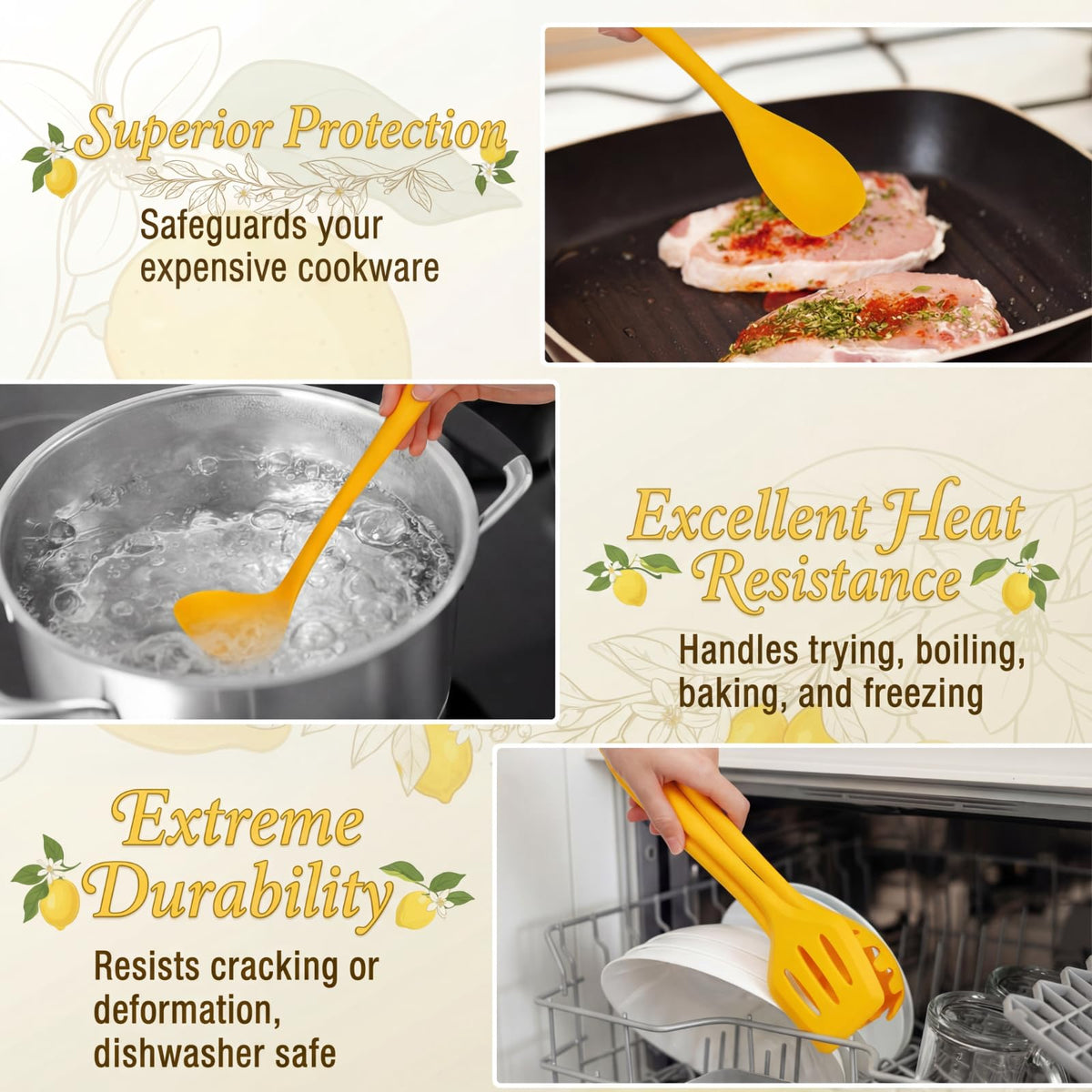 Ferrochef 7 Pcs Lemon Kitchen Decor and Accessories Silicone Cooking Utensils Set with Crock Organizer Heat Resistant Tools Set Slotted Turner Pasta Spoon Soup Ladle Whisk Spatula Salad Server