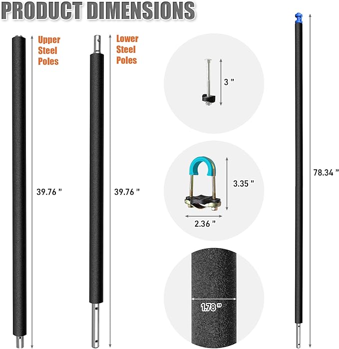 1PCS Trampoline Pole Replacement, Trampoline Enclosure Pole Fits 8-16FT Straight Pole Trampoline Frame, Reliable Trampoline Accessories Includes Foam Sleeve & Pole Caps for 2 Install Ways