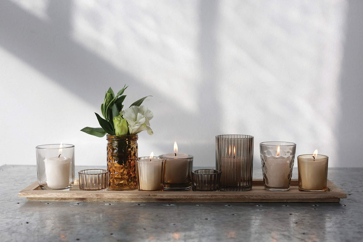 Wood Tray with 9 Brown Glass Votive Holders (Set of 10 Pieces)
