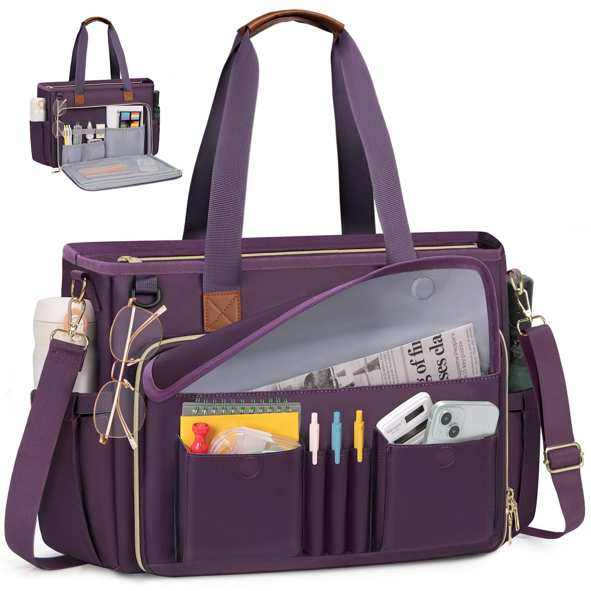 RAINSMORE Teacher Tote Bag 15.6 inch Laptop Bag for Women Work Bags Nurse Bag Lightweight Laptop Tote Computer Messenger Shoulder Bags with Insulated Pocket, Professional Laptop Briefcase