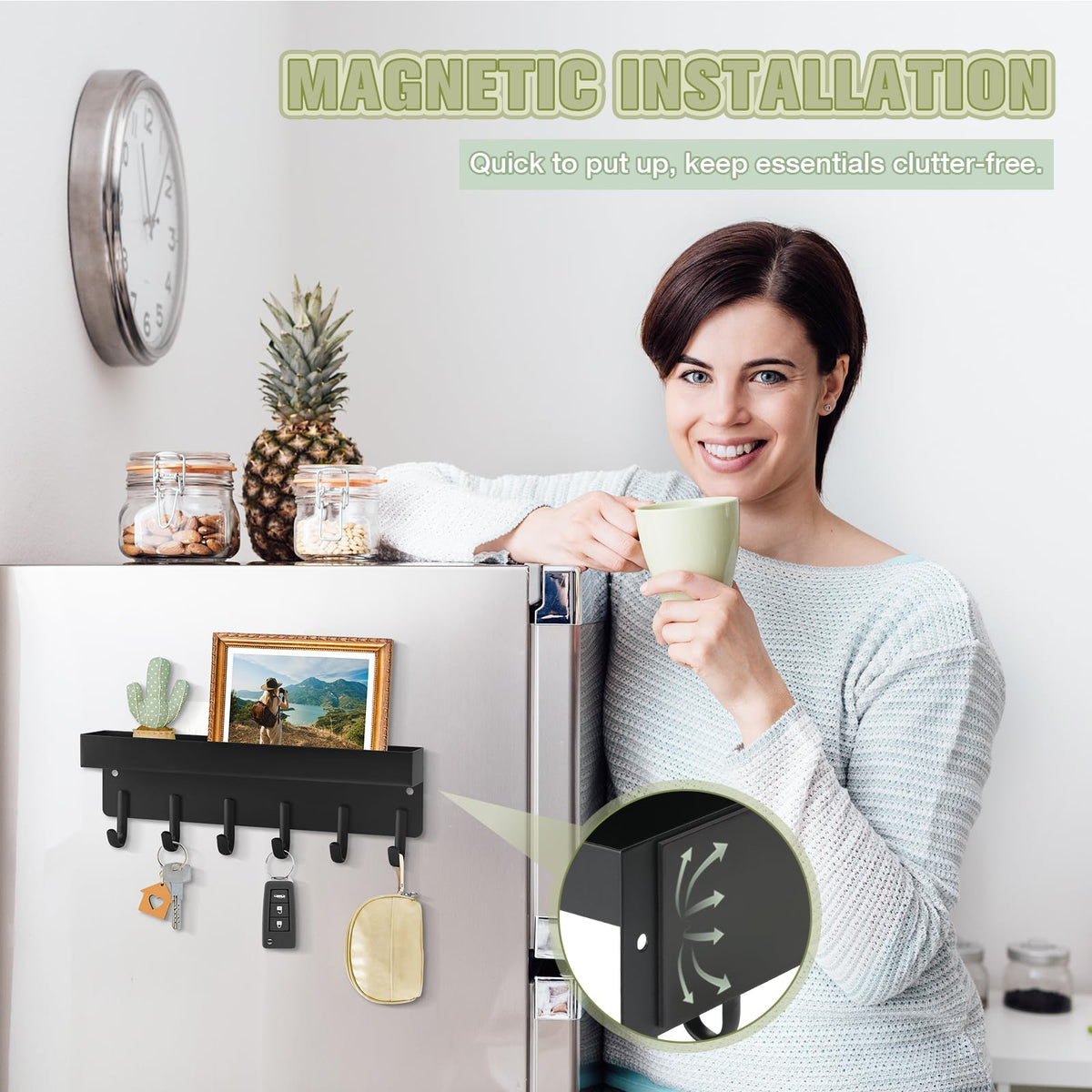 VIS'V Magnetic Key Holder Wall Mount, Compact Metal Key Rack with Tray, 6 Hooks, 2 Mount Options, Black