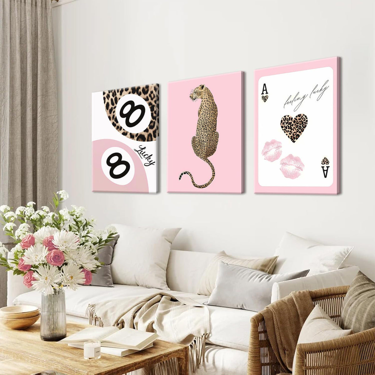 Trendy Leopard Canvas Wall Art Set of 3 - Pink Cheetah Prints Wall Decor Pictures, Funky Lucky You 8 Ball Poster Preppy Aesthetic Paintings, for Girls Bedroom Dorm Apartment 12x16 inch Framed