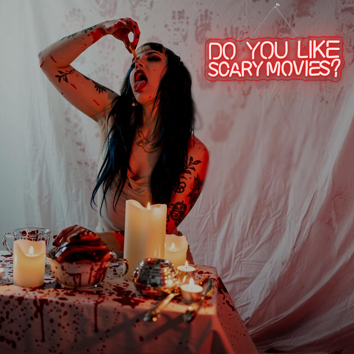 FAXFSIGN Do You Like Scary Movies Neon Sign Horror Cinema Neon Signs for Wall Decor LED Night Light for Escape Room Bar Club Party Teen Boy Man Cave Game Gothic Halloween Decoration