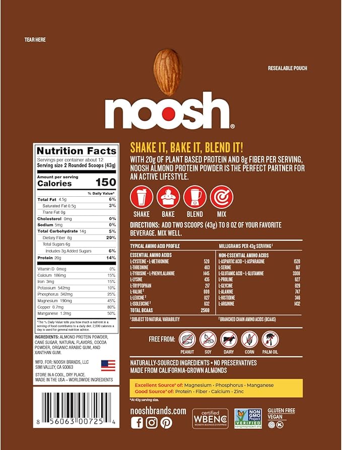 NOOSH Plant Based Almond Protein Powder Chocolate 43 Gram - Vegan Protein Powder, All Natural Ingredients, Non-GMO, Gluten Free, Kosher, Peanut Free, Soy Free, Dairy Free (Chocolate)