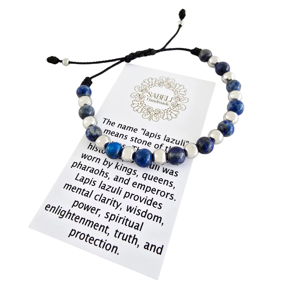 Sabeli Handmade Lapis Lazuli Bracelet Crystal Bead Jewelry for Men and Women Spiritual Healing Anxiety Protection Gemstone Natural Stone Gift Adjustable Blue 6mm Beads