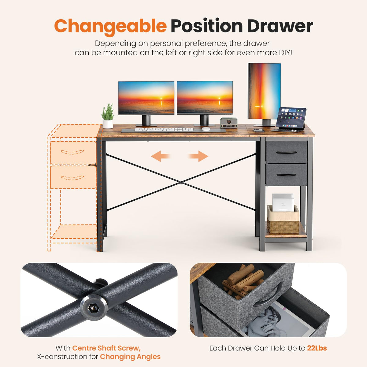 Sweetcrispy 40 Inch Computer Desk with Drawers for Home Office, Writing Desk with X-Shaped Reinforcement, Wood Table with Adjustable Position Drawers, Modern Study Work Table with Side Hook, Rust