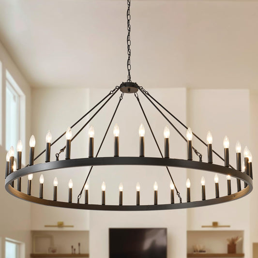 TESTOYS Modern Wagon Wheel Light Fixture 36-Light, 60-Inch Extra Large Farmhouse Chandelier for Entryway, Round Outdoor Chandeliers for Living Room Dining Room Foyer