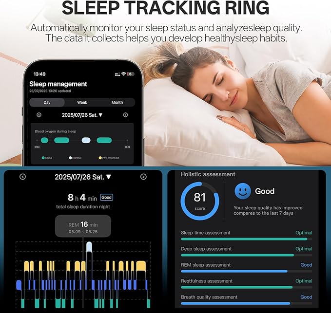 Smart Ring with Vibration Alerts, Health Tracker Ring with Body Temperature Monitor, Heart Rate, Sleep & Fitness Tracking, Waterproof Activity Ring for Men & Women, No App Fees (Gunmetal Gray, 7#)