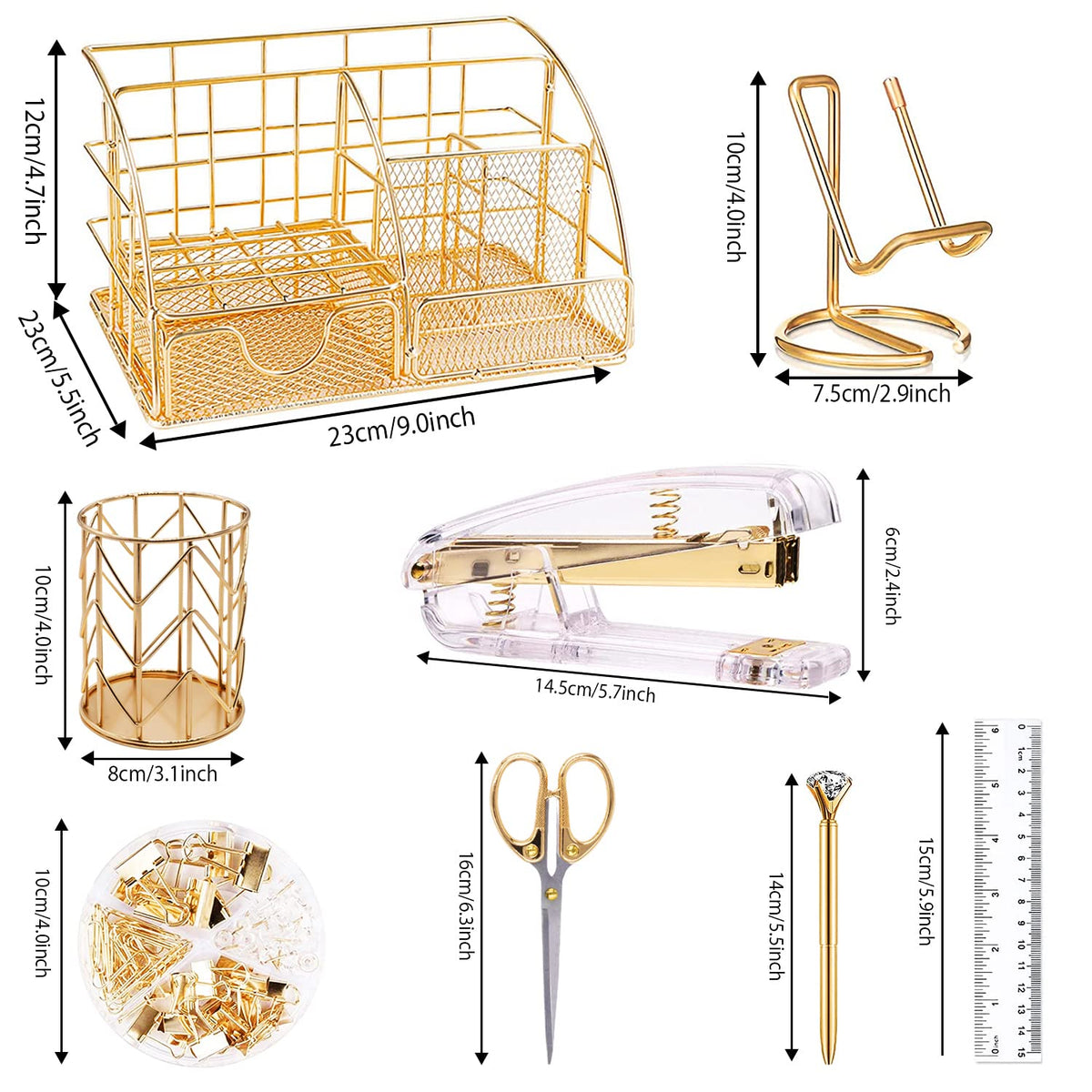 KAAKOW Gold Desk Organizers and Accessories Office Supplies Set Stapler, Pen Holder, Phone Holder, Scissors, Pen, Ruler, 30 Paper Clips, 22 Binder Clip, 20 Tacks and 1000pcs Staples (Gold)