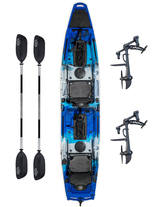 Upgraded Brooklyn 14.0 Tandem Pedal Kayak with Propeller Drive by BKC, 2-Person Sit-On-Top Fishing Kayak, Hand Rudder, Rod Holders, Large Storage, Stable 14ft Hull (Blue Typhoon)
