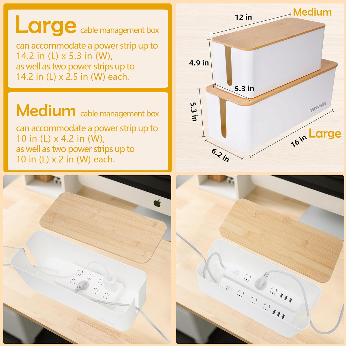 2 Pack Cable Management Box – Child and Pet-Proof Cord Organizer with Bamboo-Style Design, Large Capacity Cable Cover for Hiding TV Wires, Computer Cables, Power Strips,and USB Hubs, White