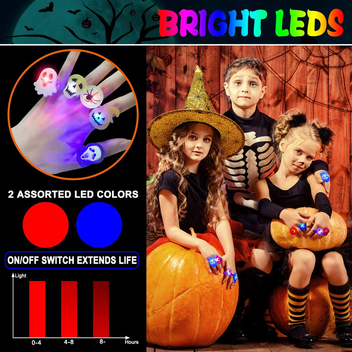PNNJSSXT 50pcs Halloween LED Rings, Halloween Party Favors Glow in the Dark Party Supplies, Light Up Rings Perfect for Trick or Treat Gifts