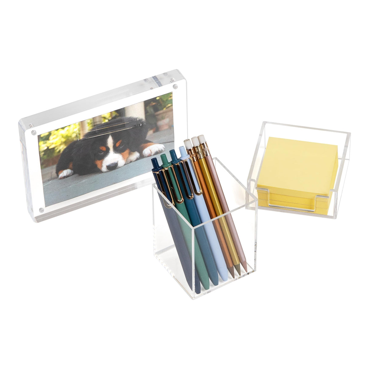 Mind Reader 3-Piece Desk Organizer Set, Pen Holder, Photo Frame and Sticky Note Tray, Desktop Organization, Office, Acrylic, Clear