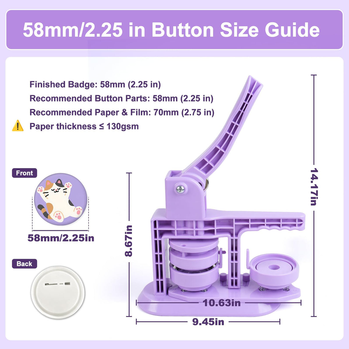 Happizza Button Maker Machine 58mm/2.25in, Pin Maker Machine Kit with 30 Buton Parts, DlY Badge Maker, Purple Button Press Machine, Perfect Beginner Experience Kit, Ideal for School, Parties, Events