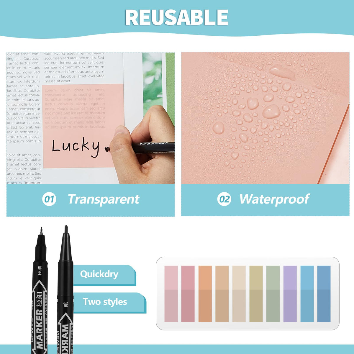 Jutom 39 Pcs Aesthetic Book Annotation Kit Highlighter with Pencil Case Bag Gel Pen Transparent Sticky Note Taking Bible Study College School Supplies(Black,Classic Style)